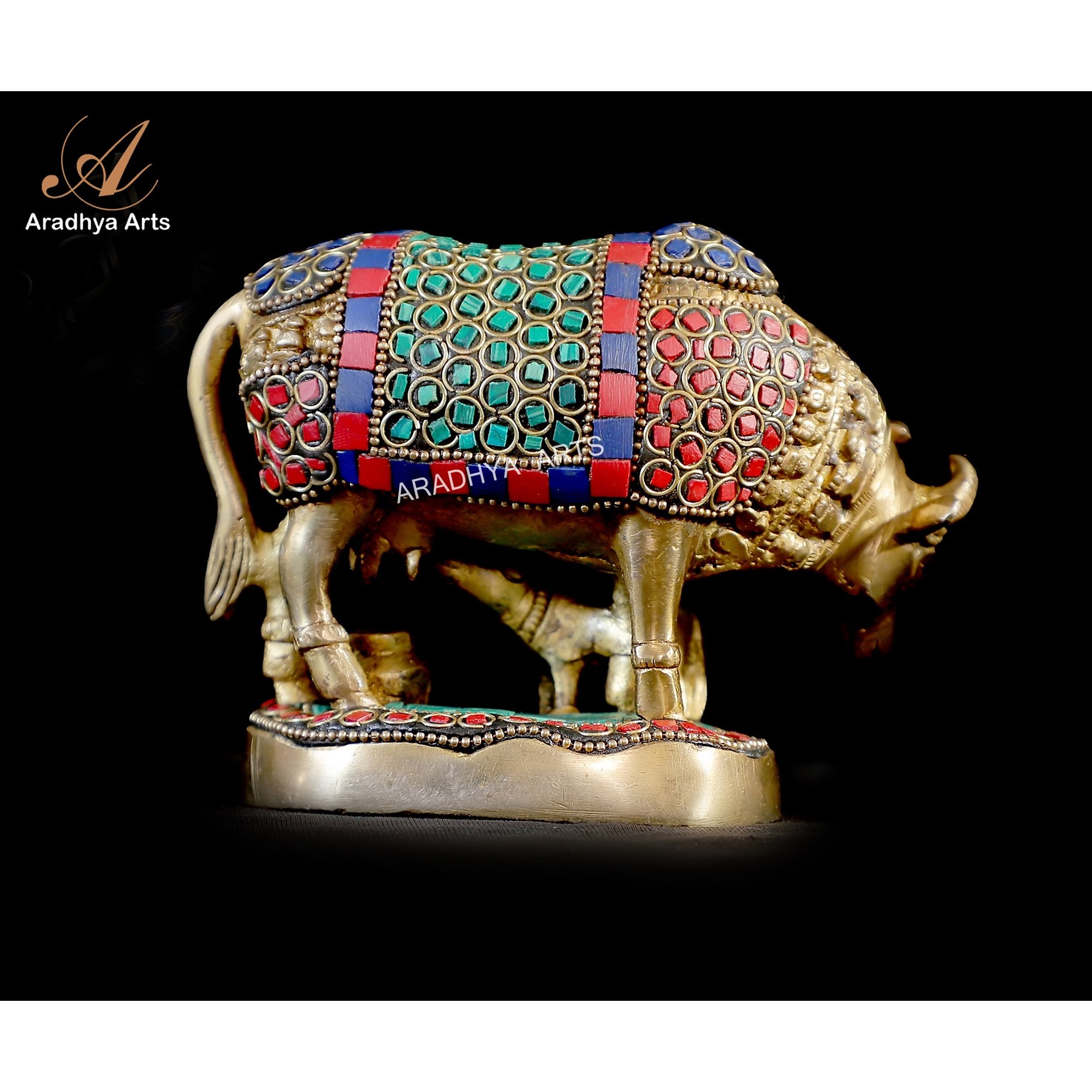 Aradhya Arts Brass Kamdhenu Cow with Calf, 3.94 Inch Height, Gold coloured for Office and home decor