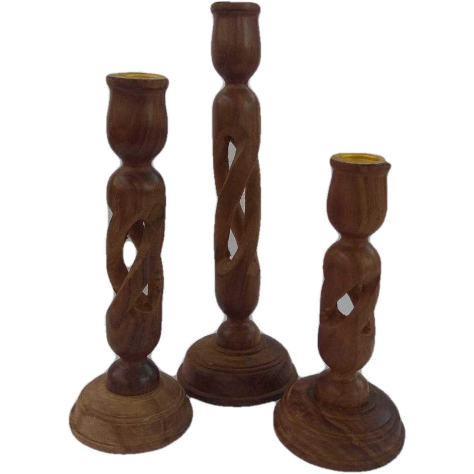 India Meets India Wooden Candlestick Holder Candle Holder Set of 3 Handicraft by Awarded Indian Artisan