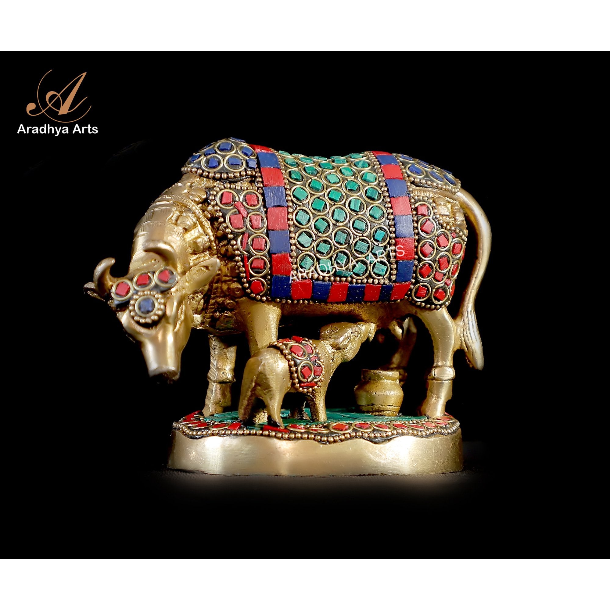 Aradhya Arts Brass Kamdhenu Cow with Calf, 3.94 Inch Height, Gold coloured for Office and home decor